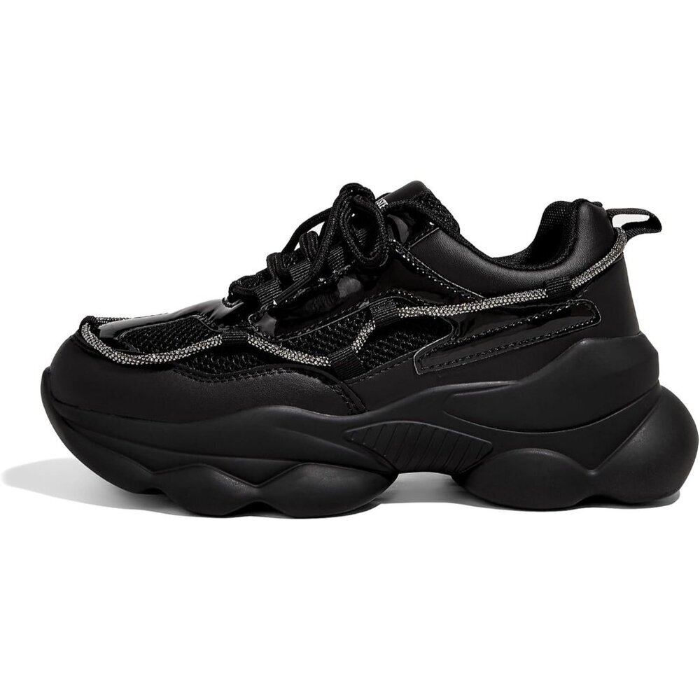 Women's Black 90s Chunky Sneakers Sparkly Bling Rhinestone Rope Platform Shoes